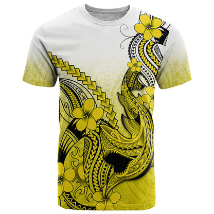 Hawaii T-Shirt Polynesian Shark Tattoo With Plumeria Yellow Gradient Graphic Tee