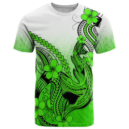 Hawaii T-Shirt Polynesian Shark Tattoo With Plumeria Green Gradient Graphic Tee