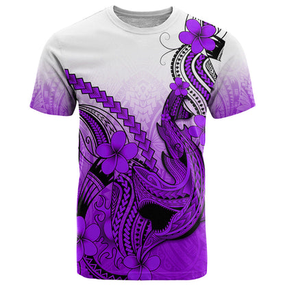 Hawaii T-Shirt Polynesian Shark Tattoo With Plumeria Purple Gradient Graphic Tee