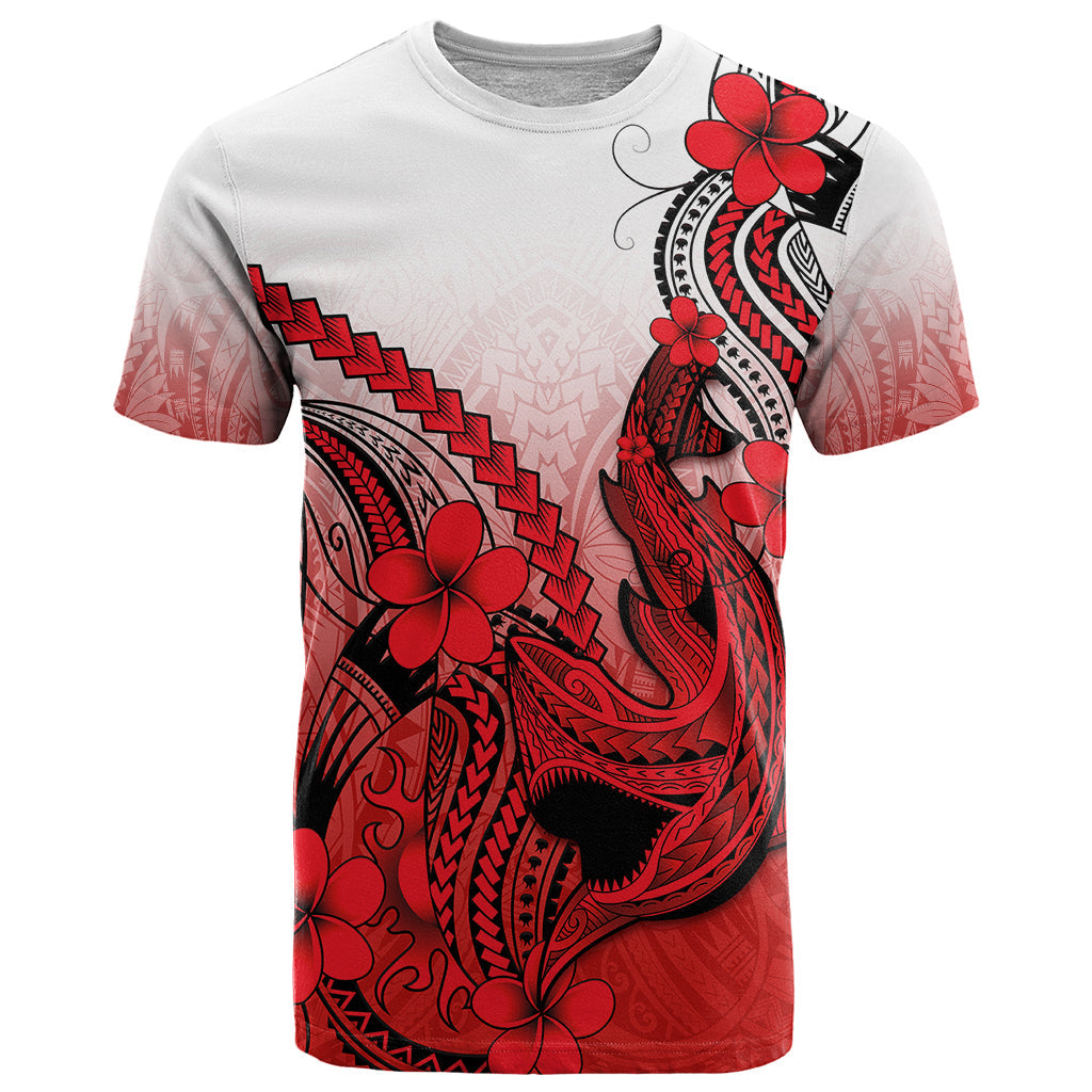 Hawaii T-Shirt Polynesian Shark Tattoo With Plumeria Red Gradient Graphic Tee