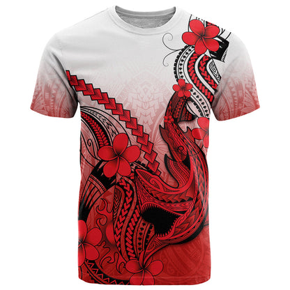 Hawaii T-Shirt Polynesian Shark Tattoo With Plumeria Red Gradient Graphic Tee