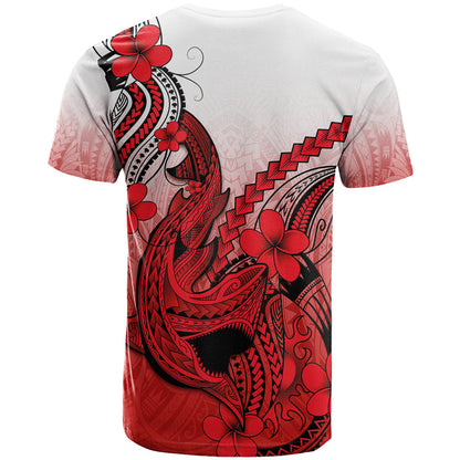 Hawaii T-Shirt Polynesian Shark Tattoo With Plumeria Red Gradient Graphic Tee
