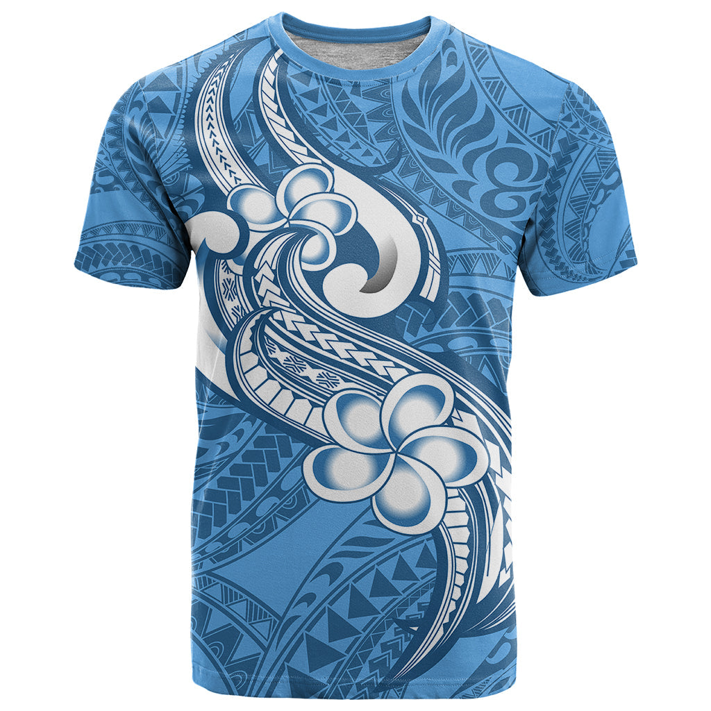 Polynesia T-Shirt Plumeria With Tribal Pattern Blue Pastel Vibes Graphic Tee