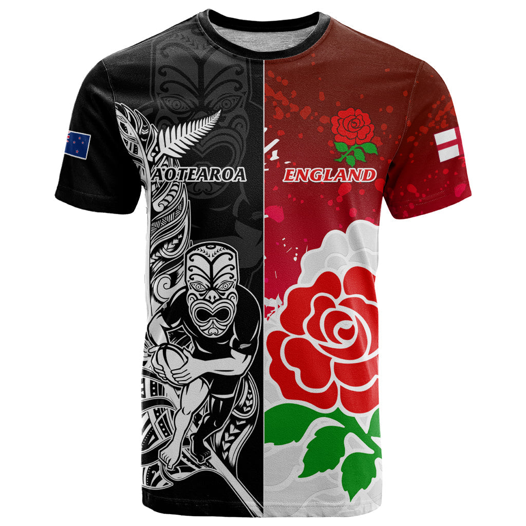 Custom New Zealand And England Rugby T-Shirt World Cup All Black Combine Red Roses Graphic Tee