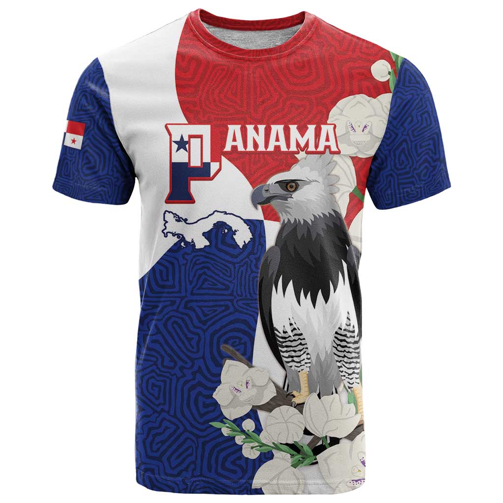 Panama Independence Day T-Shirt Harpy Eagle With Mola Pattern - Flag Style Graphic Tee