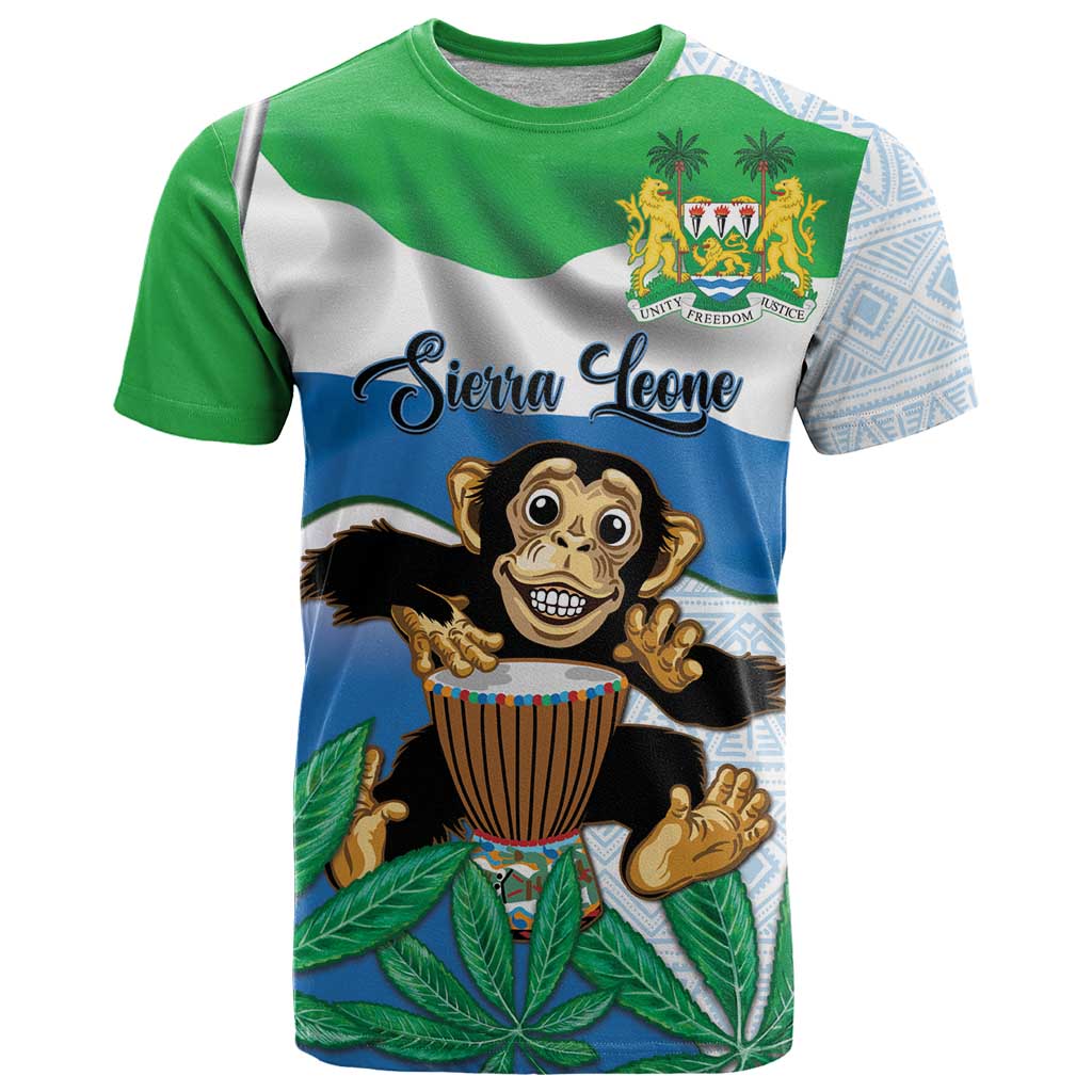 Personalised Sierra Leone Independence Day T-Shirt Funny Chimpanzee With Drum Graphic Tee