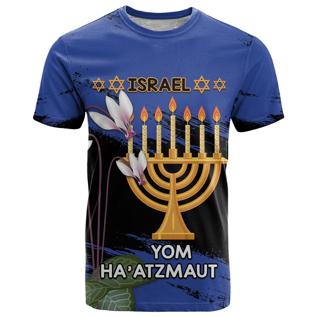 Personalised Israel Independence Day T-Shirt Menorah With Cyclamen Persicum Grunge Graphic Tee