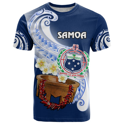 Custom Samoa T-Shirt Ula Fala Kava Bowl Plumeria Polynesian Blue Graphic Tee
