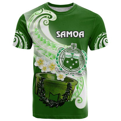 Custom Samoa T-Shirt Ula Fala Kava Bowl Plumeria Polynesian Green Graphic Tee