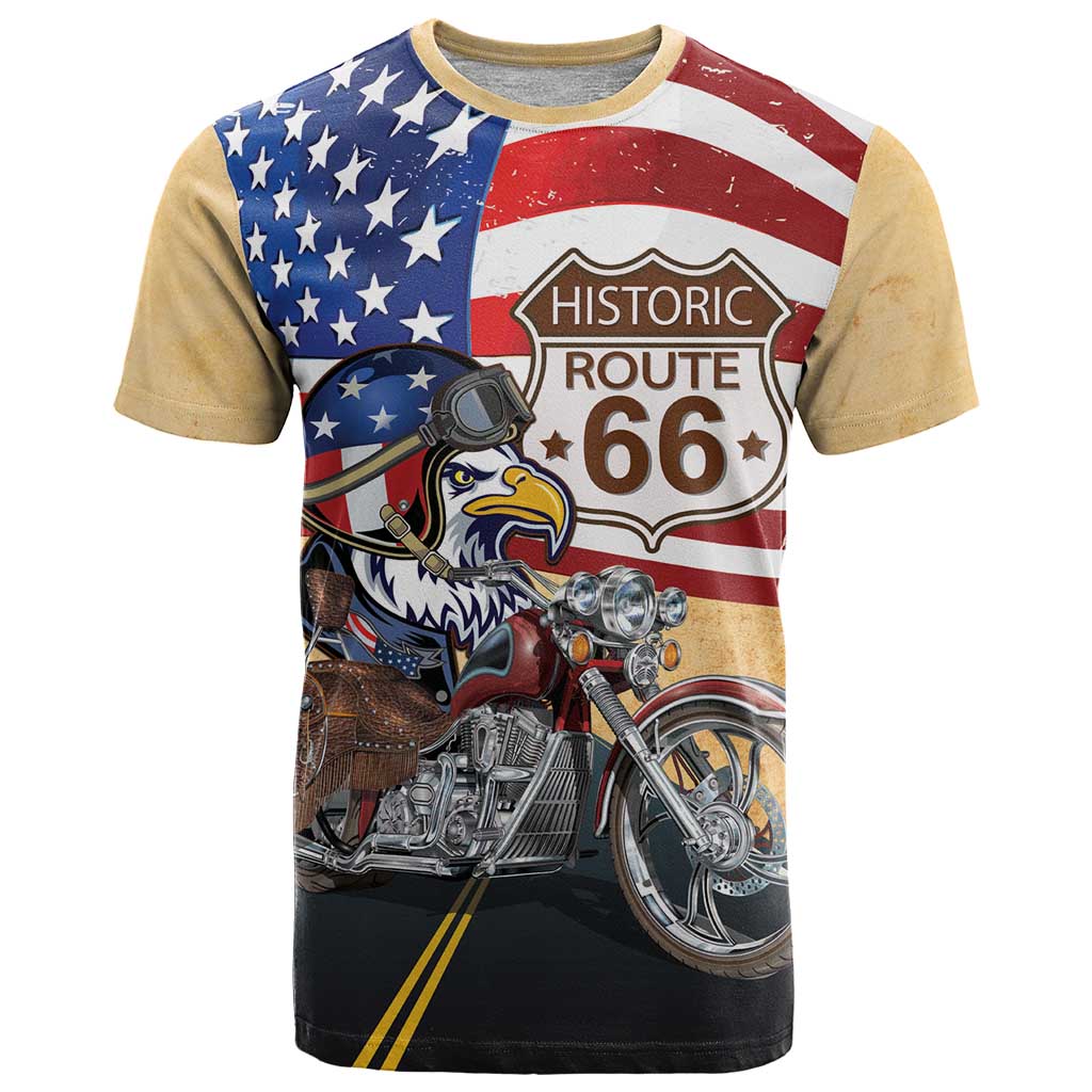 Route 66 United States T-Shirt Historic Highway USA Eagle With Motorcycle Graphic Tee