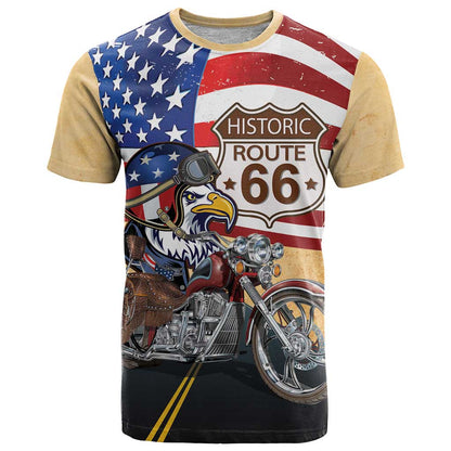 Route 66 United States T-Shirt Historic Highway USA Eagle With Motorcycle Graphic Tee