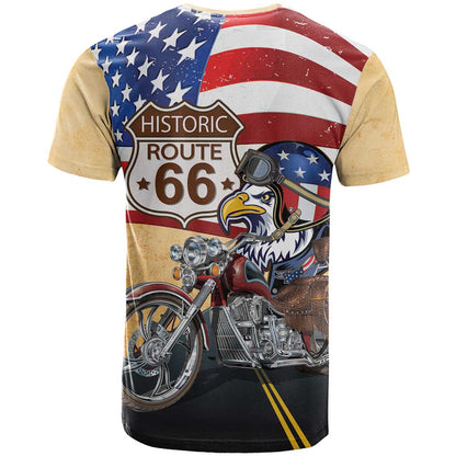 Route 66 United States T-Shirt Historic Highway USA Eagle With Motorcycle Graphic Tee