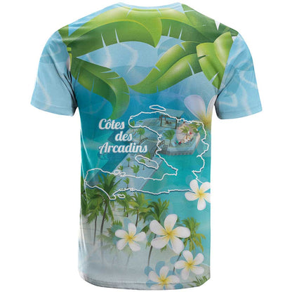 Afro Haiti Cotes des Arcadins T-Shirt Ayiti Map With Royal Palm Plumeria Graphic Tee