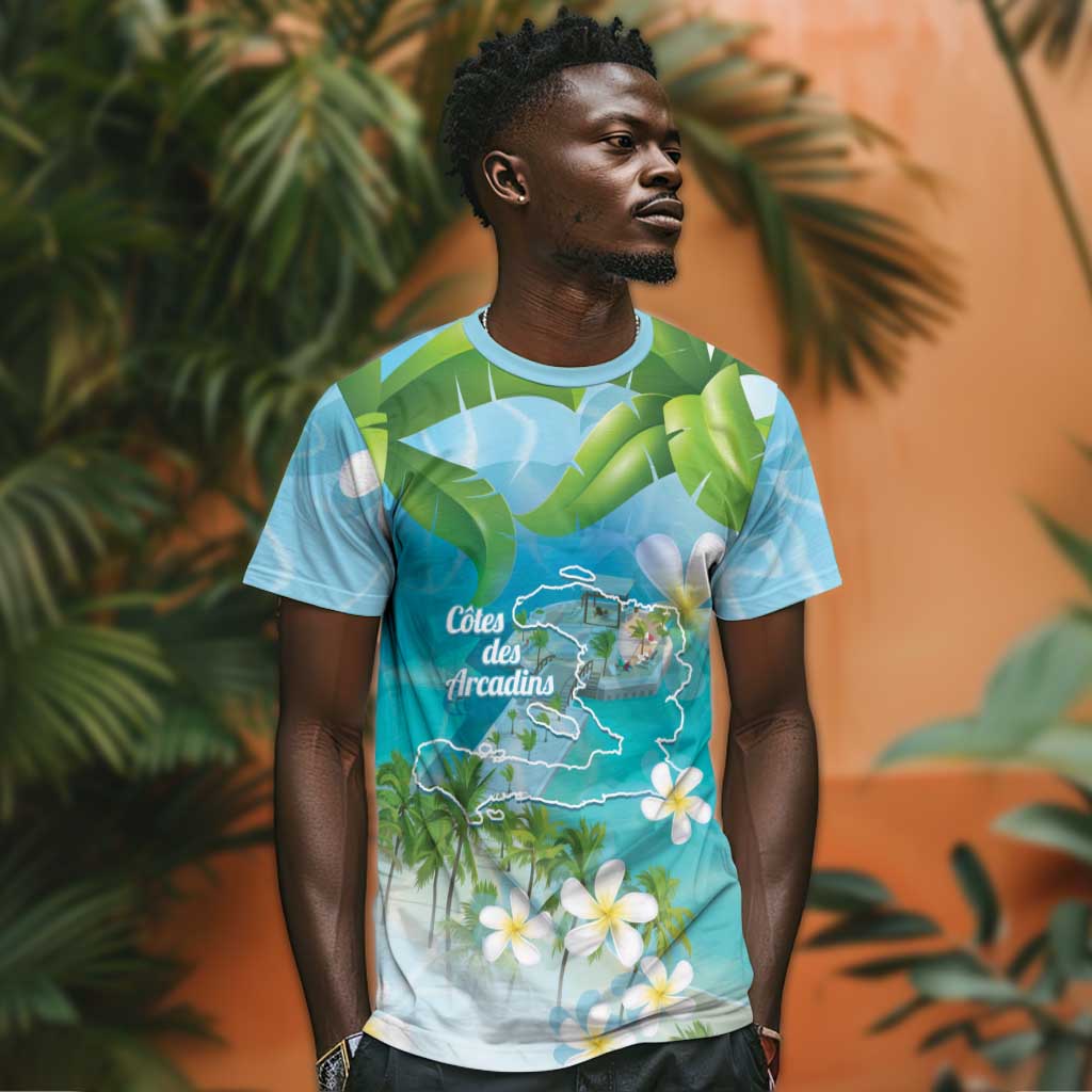 Afro Haiti Cotes des Arcadins T-Shirt Ayiti Map With Royal Palm Plumeria Graphic Tee