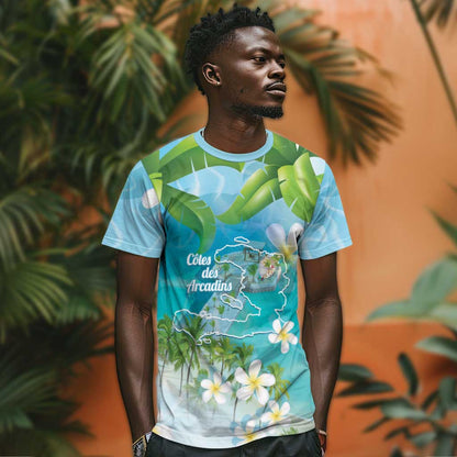 Afro Haiti Cotes des Arcadins T-Shirt Ayiti Map With Royal Palm Plumeria Graphic Tee