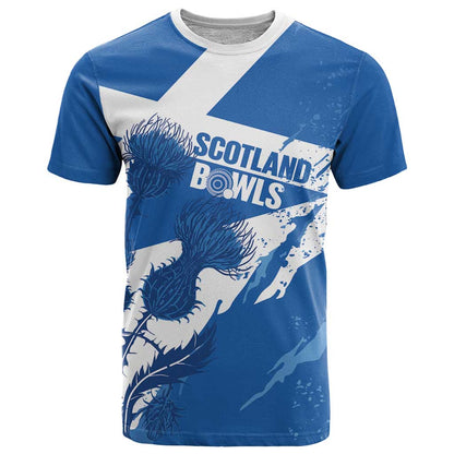 Personalised Scotland Lawn Bowls T-Shirt Scottish Thistle Grunge Flag Style Graphic Tee