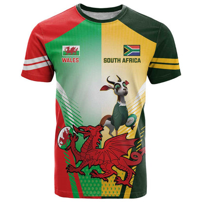 Custom South Africa And Wales Rugby T-Shirt Springboks Welsh Mascots Dynamic Version Graphic Tee