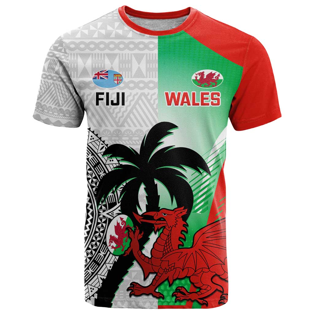 Custom Fiji And Wales Rugby T-Shirt Fijian Tapa Welsh Mascots Dynamic Version Graphic Tee