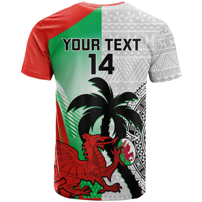 Custom Fiji And Wales Rugby T-Shirt Fijian Tapa Welsh Mascots Dynamic Version Graphic Tee