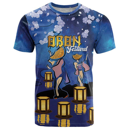 Japan Obon Festival T-Shirt Sakura Lanterns With Bon Dance Graphic Tee