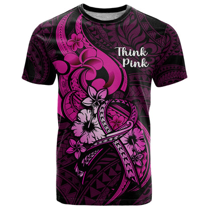 Personalised Polynesia Breast Cancer Awareness T-Shirt Think Pink Polynesian Ribbon Black Version Graphic Tee