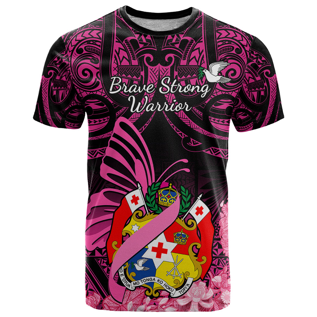Presonalised Tonga Breast Cancer Awareness T-Shirt Pink Ribbon Brave Strong Warrior Tongan Ngatu Pattern Graphic Tee