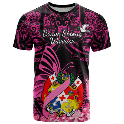 Presonalised Tonga Breast Cancer Awareness T-Shirt Pink Ribbon Brave Strong Warrior Tongan Ngatu Pattern Graphic Tee