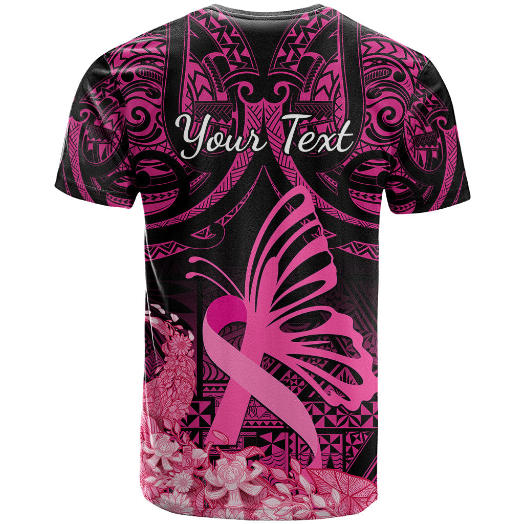 Presonalised Tonga Breast Cancer Awareness T-Shirt Pink Ribbon Brave Strong Warrior Tongan Ngatu Pattern Graphic Tee