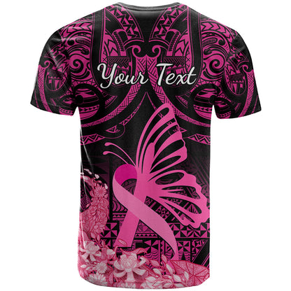 Presonalised Tonga Breast Cancer Awareness T-Shirt Pink Ribbon Brave Strong Warrior Tongan Ngatu Pattern Graphic Tee