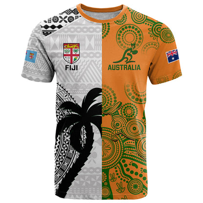 Fiji And Australia Rugby T-Shirt World Cup Aboriginal Mix Tapa Pattern Graphic Tee