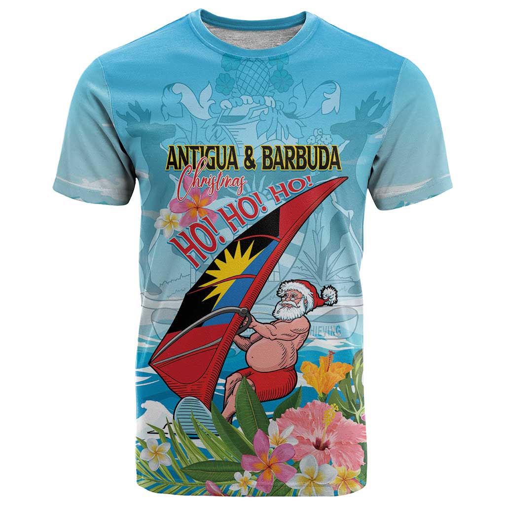 Personalized Antigua and Barbuda Christmas T-Shirt Windsurfing Santa Caribbean Tropical Style Graphic Tee