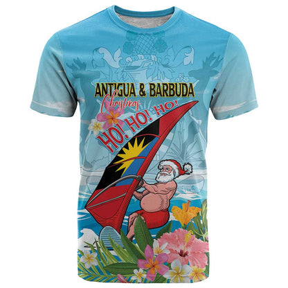 Personalized Antigua and Barbuda Christmas T-Shirt Windsurfing Santa Caribbean Tropical Style Graphic Tee