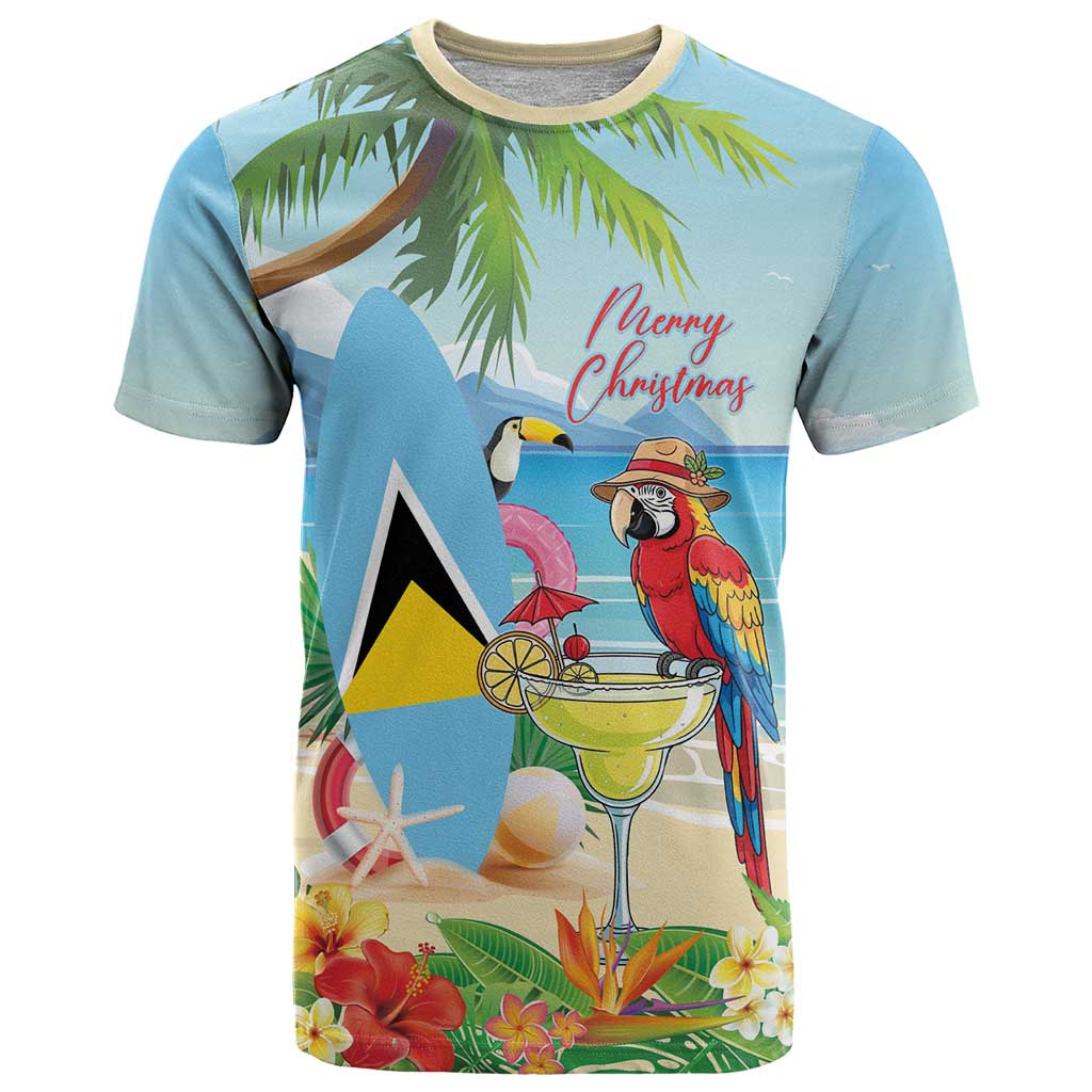 Personalized Saint Lucia Christmas T-Shirt Chill Macaw Parrot Caribbean Tropical Style Graphic Tee