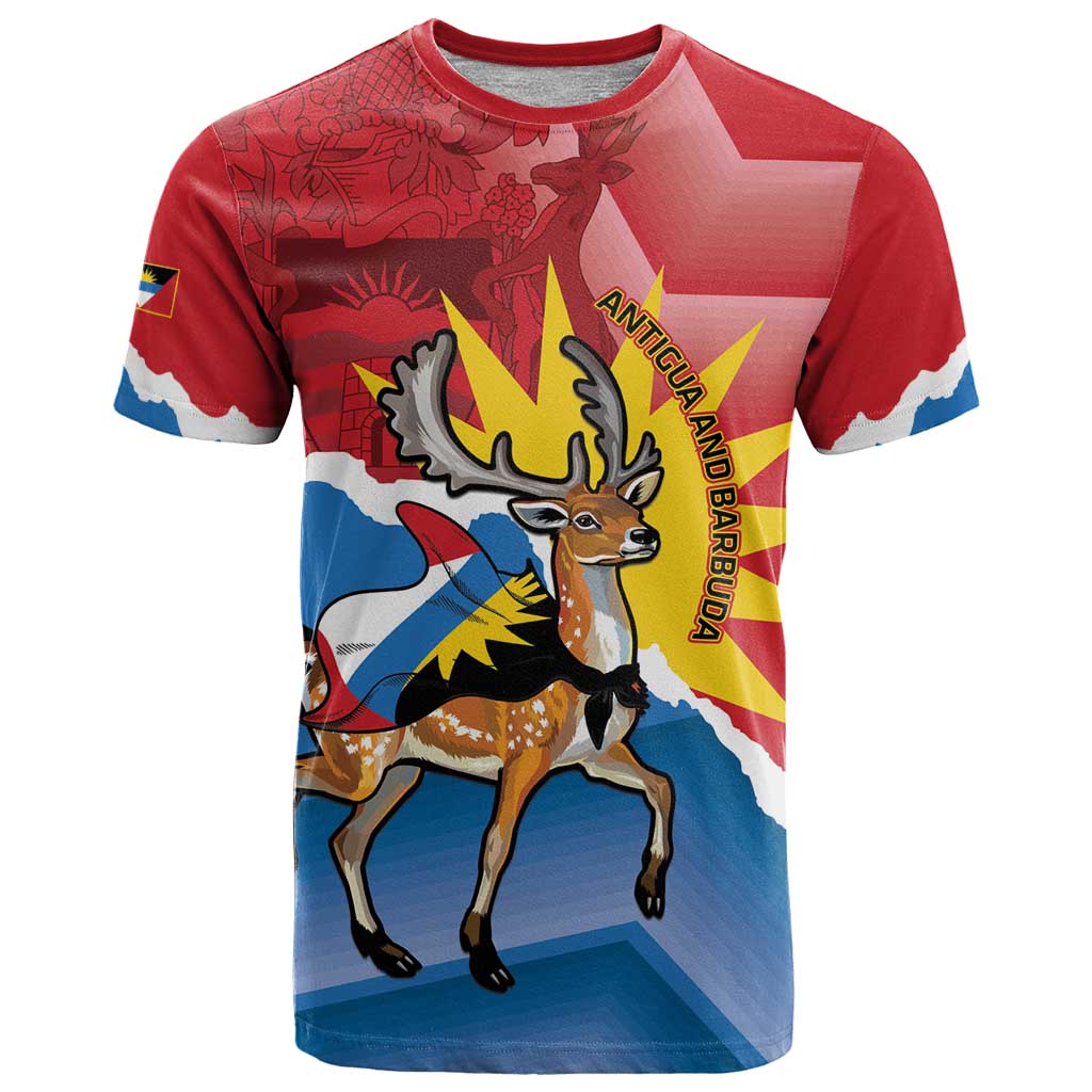 Personalised Antigua and Barbuda Independence Day T-Shirt Fallow Deer With Flag Graphic Tee