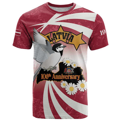 Personalised Latvia Independence Day T-Shirt Latvija White Wagtail With Map 106th Anniversary Graphic Tee