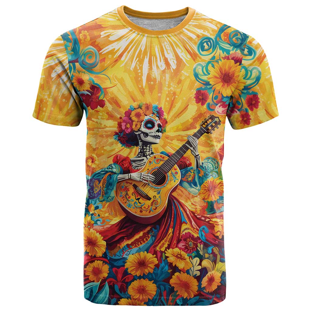 Mexico Day Of The Dead T-Shirt Sugar Skull Girl With Guitar Colorful Vibes Graphic Tee