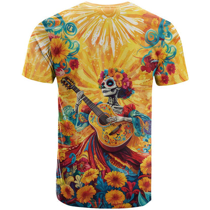 Mexico Day Of The Dead T-Shirt Sugar Skull Girl With Guitar Colorful Vibes Graphic Tee