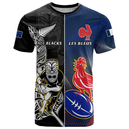 New Zealand And France Rugby T-Shirt All Black With Les Bleus Together World Cup Graphic Tee