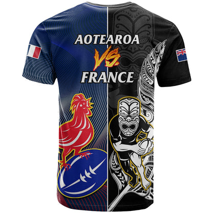 New Zealand And France Rugby T-Shirt All Black With Les Bleus Together World Cup Graphic Tee