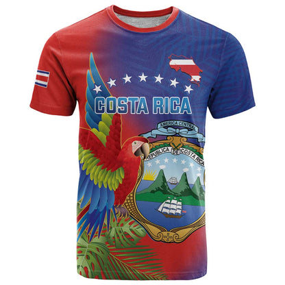 Personalized Costa Rica Independence Day T-Shirt Scarlet Macaw Parrot With Coat Of Arms Graphic Tee