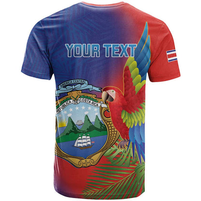 Personalized Costa Rica Independence Day T-Shirt Scarlet Macaw Parrot With Coat Of Arms Graphic Tee