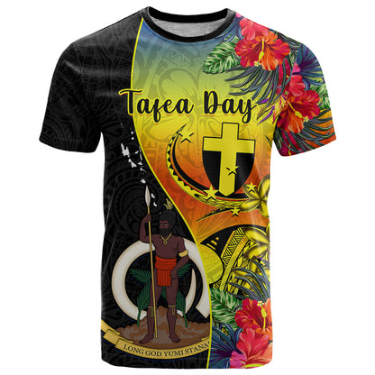 Personalised Vanuatu Tafea Day T-Shirt Coat Of Arms Mix Tropical Flowers Graphic Tee