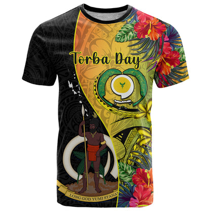 Vanuatu Torba Day T-Shirt Coat Of Arms Mix Tropical Flowers Graphic Tee