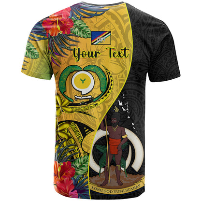 Personalised Vanuatu Torba Day T-Shirt Coat Of Arms Mix Tropical Flowers Graphic Tee