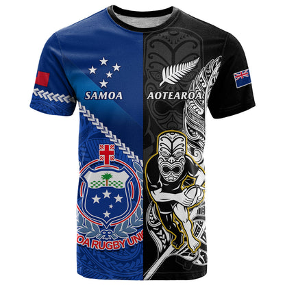 New Zealand And Samoa Rugby T-Shirt All Black Tiki Fern Mix Manu Samoa World Cup Graphic Tee