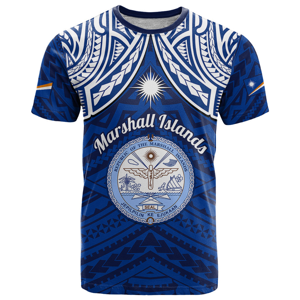 Personalised Marshall Islands T-Shirt Blue Polynesian Tribal Mix Coat Of Arms Graphic Tee