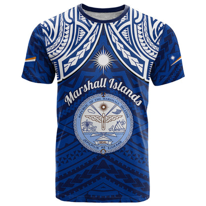 Personalised Marshall Islands T-Shirt Blue Polynesian Tribal Mix Coat Of Arms Graphic Tee