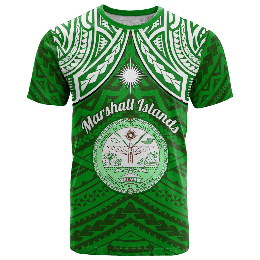 Personalised Marshall Islands T-Shirt Green Polynesian Tribal Mix Coat Of Arms Graphic Tee