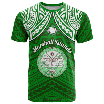 Personalised Marshall Islands T-Shirt Green Polynesian Tribal Mix Coat Of Arms Graphic Tee