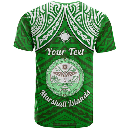 Personalised Marshall Islands T-Shirt Green Polynesian Tribal Mix Coat Of Arms Graphic Tee